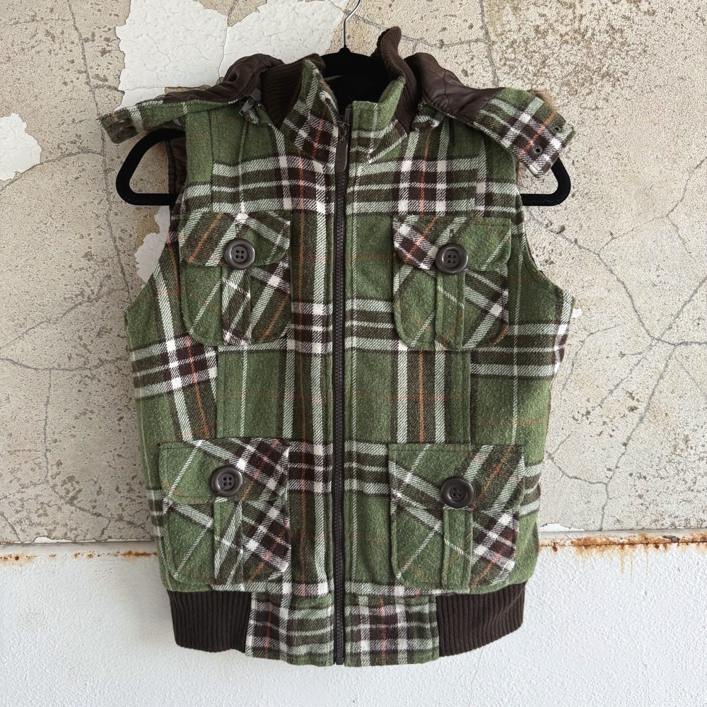 Vintage Plaid Wool Vest Faux Fur Hood Utility Puffer Womens S Preppy Y2K